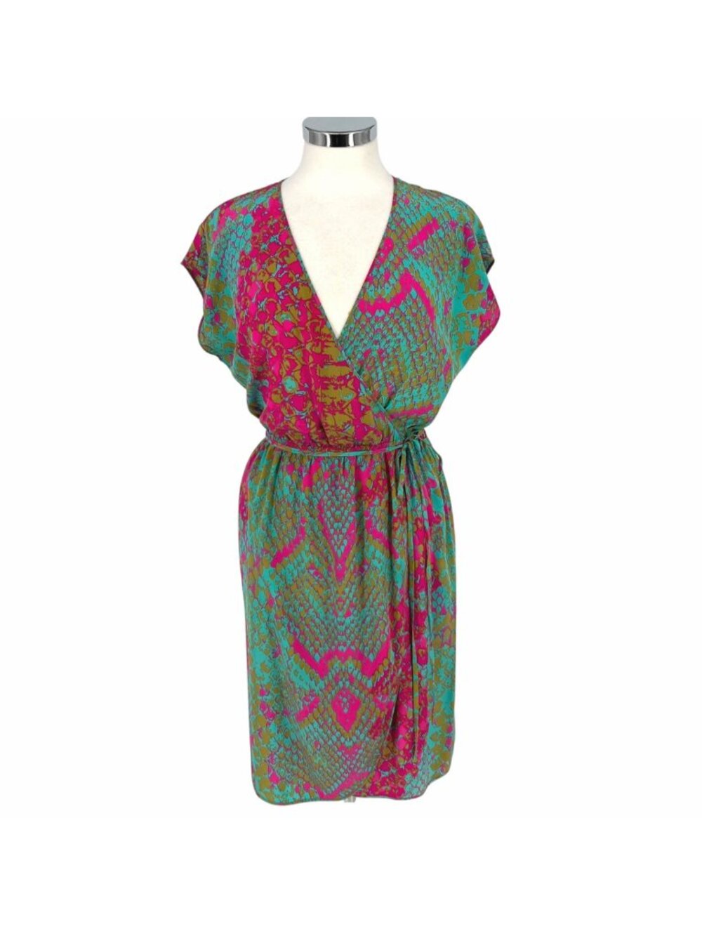 Presley Skye Snake Print Multicolor Silk Wrap Dress Knee Length Size Medium